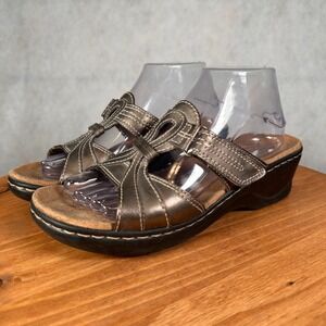 Clarks Bendables Wedge Slide Sandals Womens 8.5M Bronze Good Leather Comfort